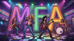 Led Zeppelin rocking out in front of the letters M.F.A.