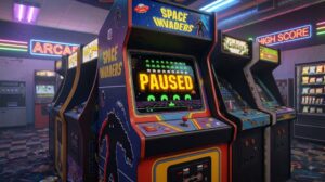 Space Invaders arcade game PAUSED.